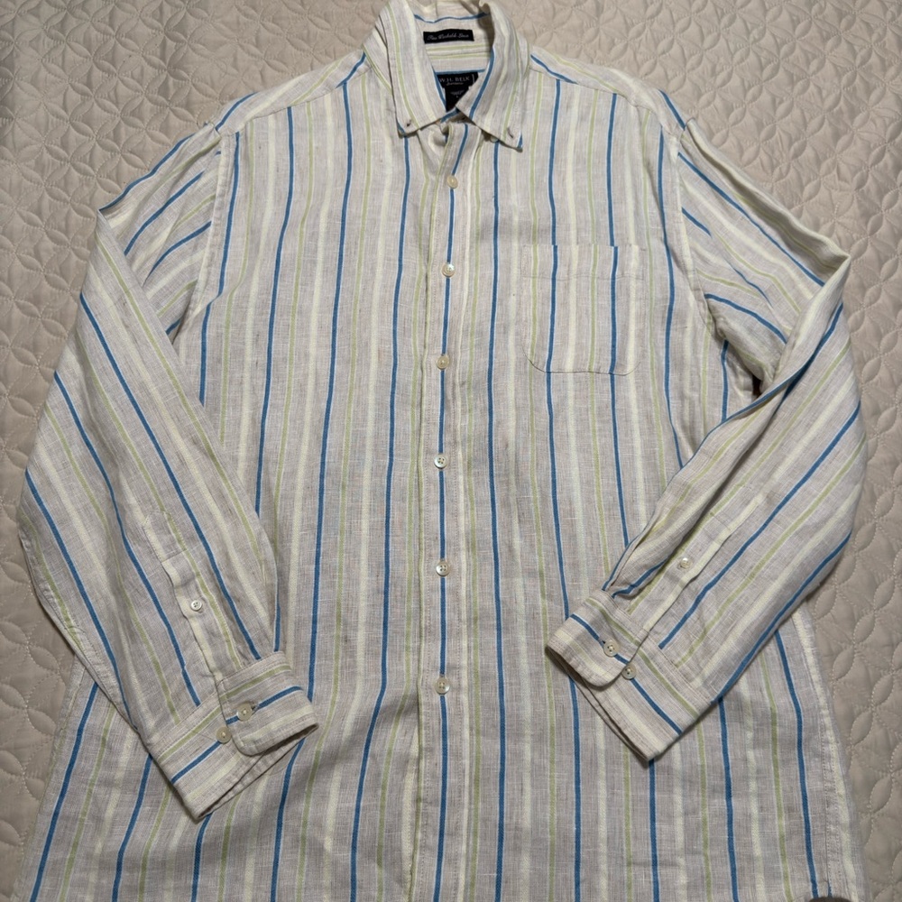 Men's Striped Shirt - Blue, Green, and White 100% Linen